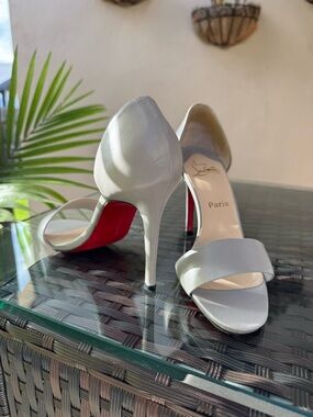 Christian Louboutin Light Grey Leather Open-Toe Stiletto Heels with Red Sole